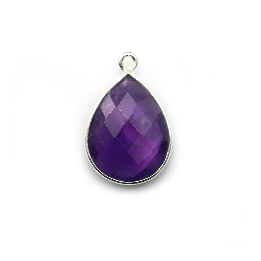 Faceted drop-shape amethyst set in sterling silver 13x17mm x 1pc