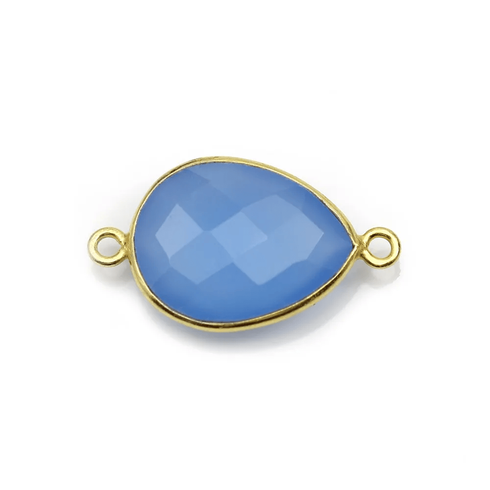 Calcédoine bleu goutte facettée sertie sur argent doré 2 anneaux 13x17mm x 1pc