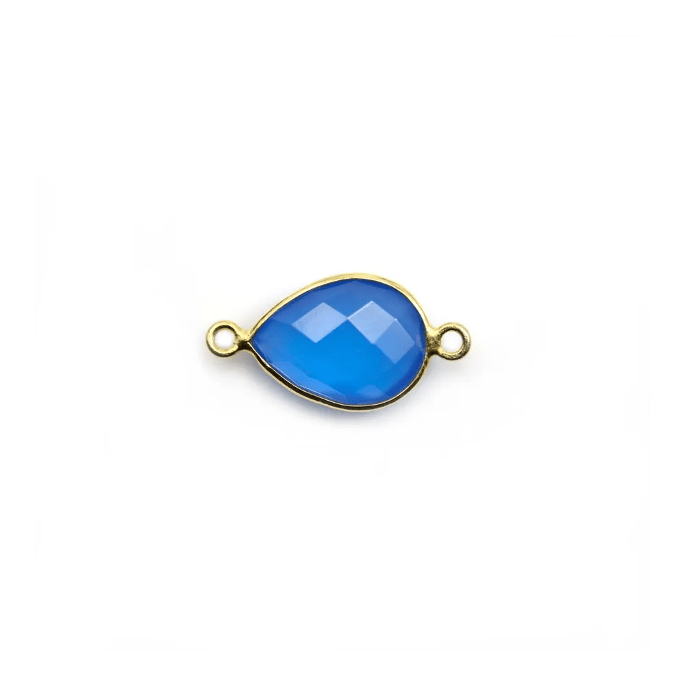 Calcédoine bleu goutte facettée sertie sur argent doré 2 anneaux 11x15mm x 1pc