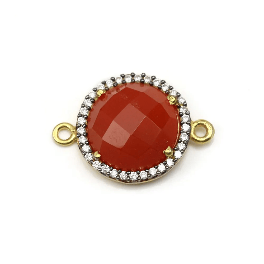 Cornaline ronde facette sertie en argent doré avec zirconium15mm x 1pc