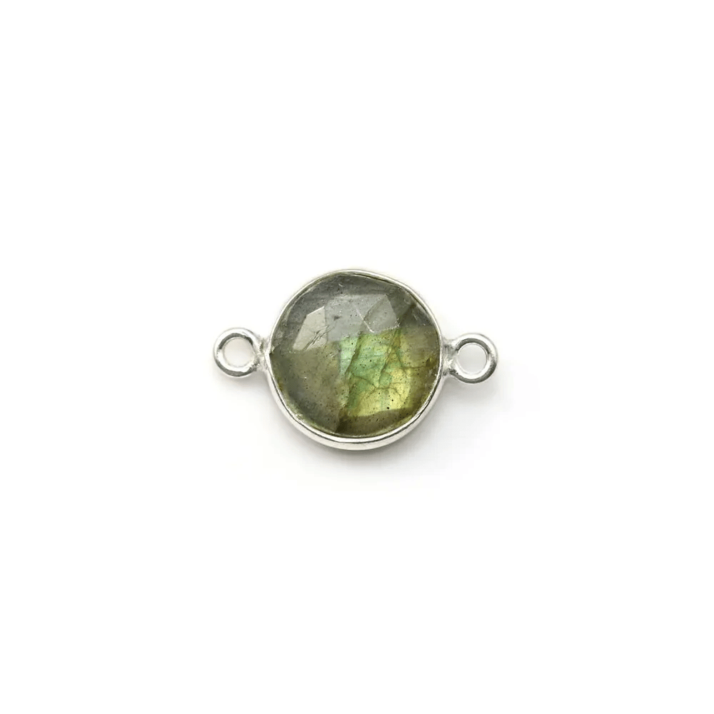 Labradorite ronde sertie sur argent  avec 2 anneaux 9mm x 1pc