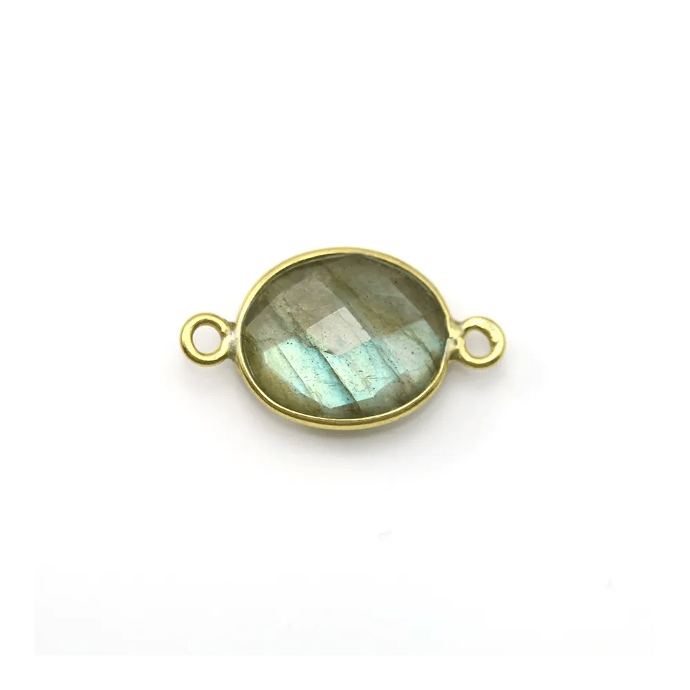 Labradorite ovale facette sertie sur argent 925 doré à l'or fin 2 anneaux 11x13mm x 1pc