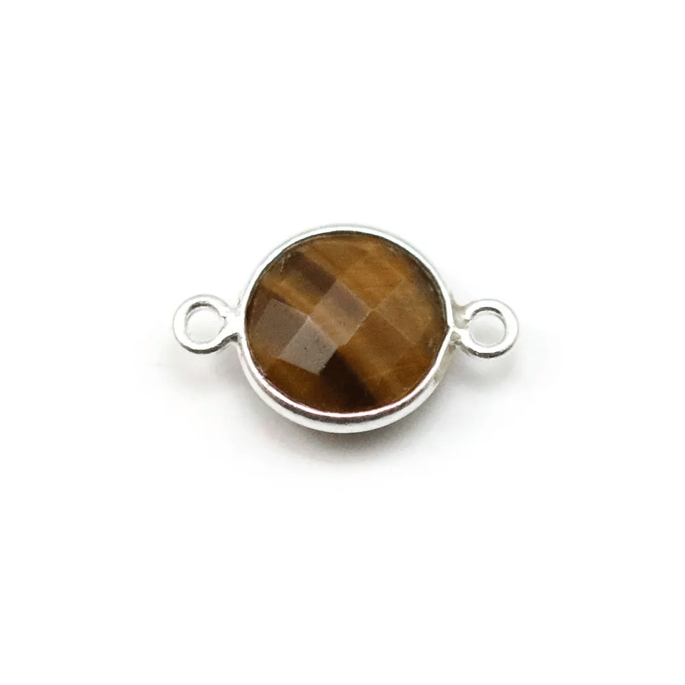 Oeil de tigre rond, 2 anneaux, serti sur argent, 11mm x 1pc