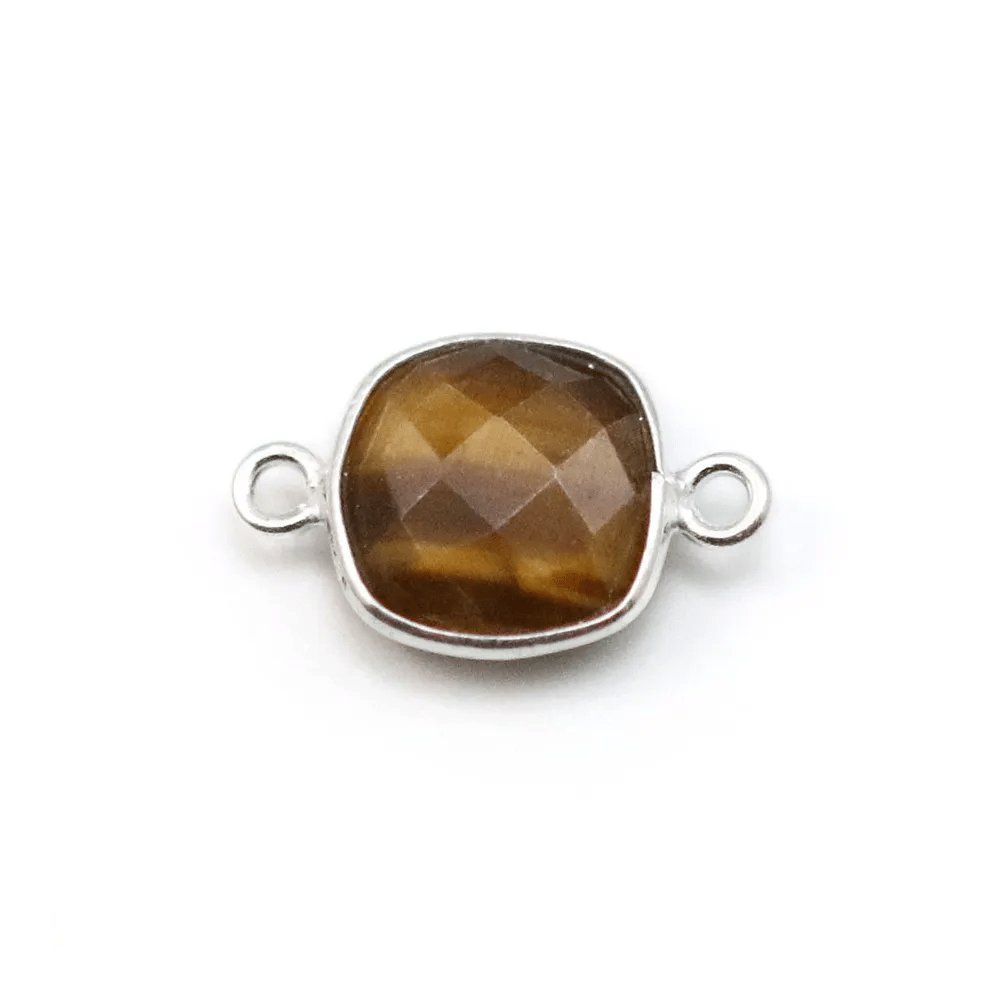 Oeil de tigre de forme carré, 2 anneaux, serti sur argent, 11mm x 1pc