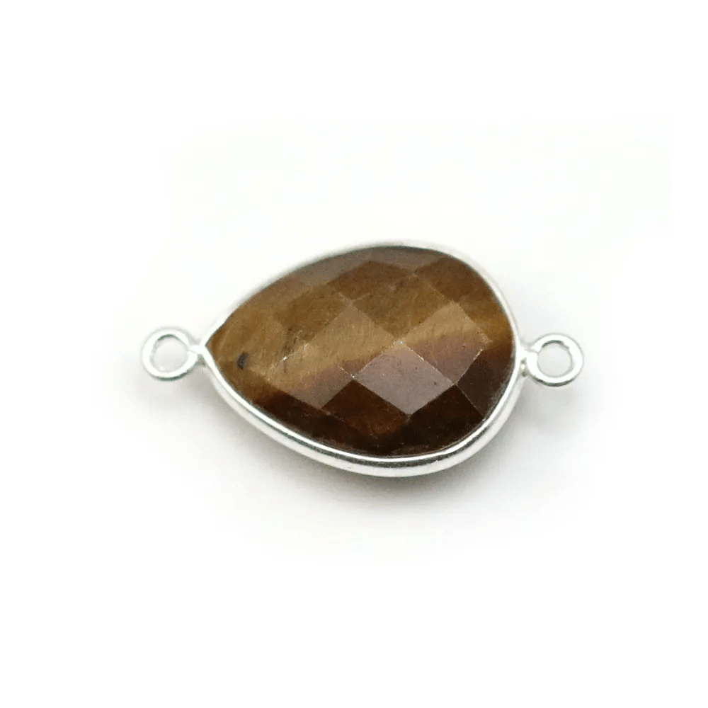 Oeil de tigre en goutte, 2 anneaux, serti sur argent, 13x17mmx 1pc