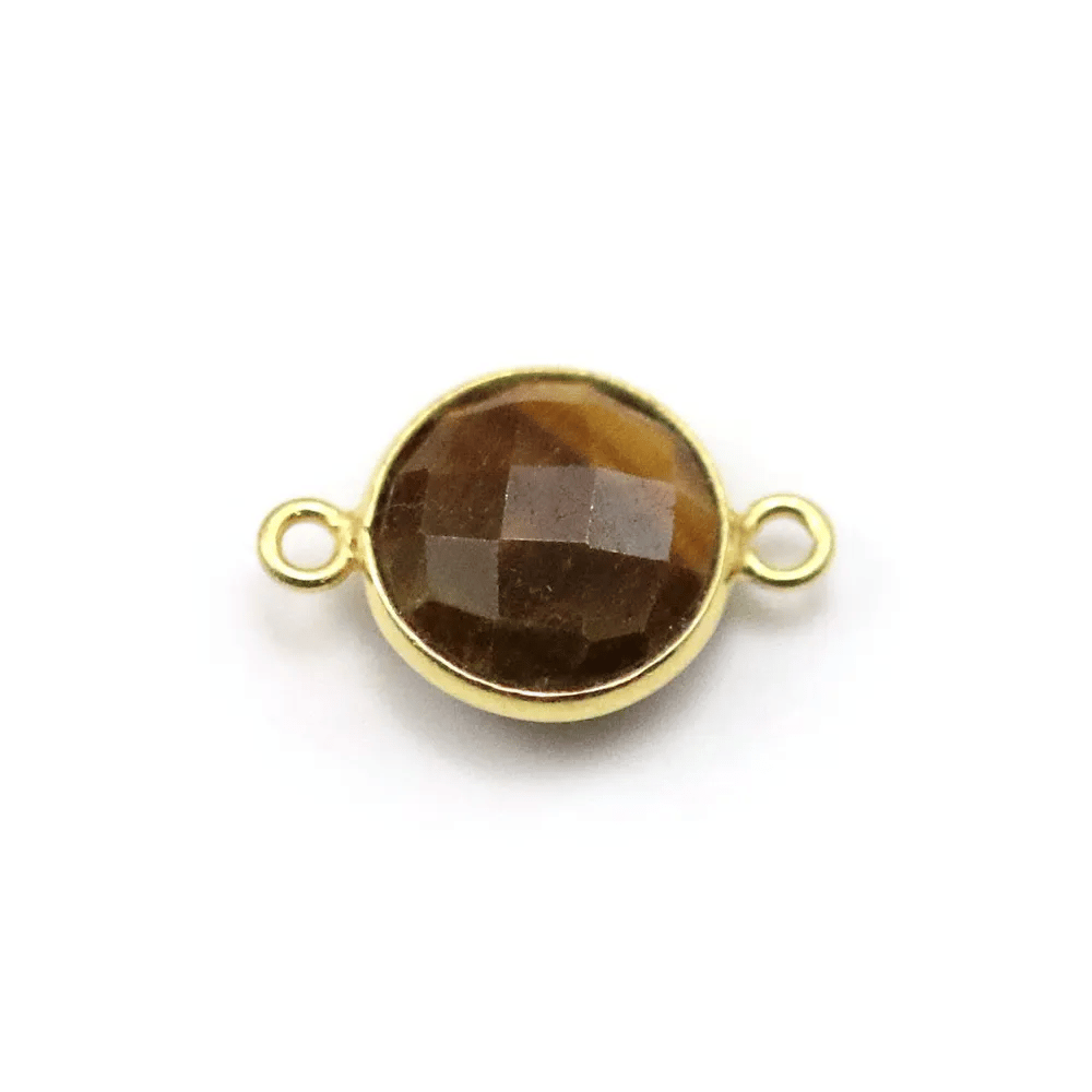 Oeil de tigre rond, 2 anneaux,  serti sur argent 925 doré à l'or fin 11mm x 1pc