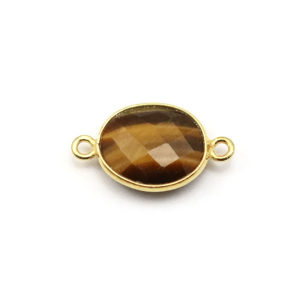 Oeil de tigre oval, 11x13mm, 2 anneaux sertie sur argent doré x 1pc