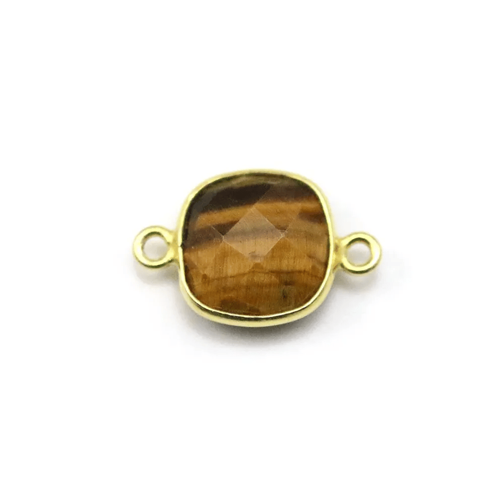 Oeil de tigre de forme carré, 2 anneaux, serti sur argent doré, 11mm x 1pc