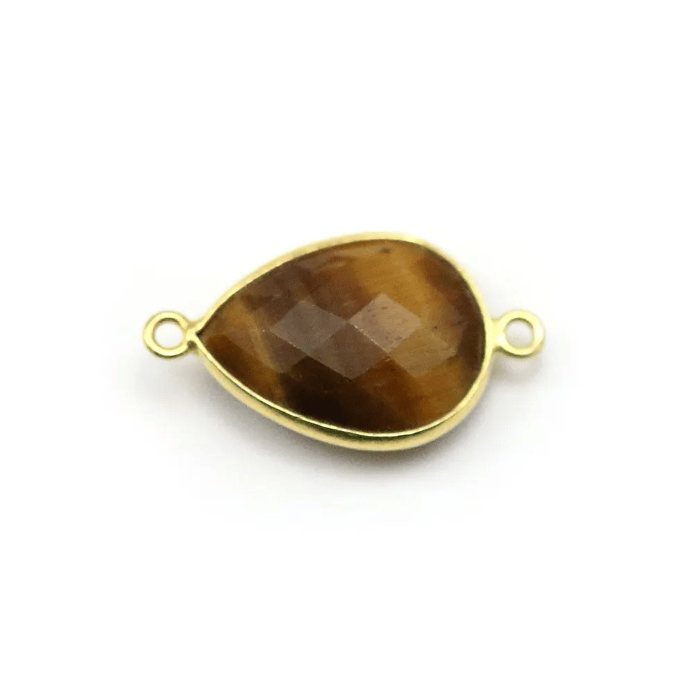 Oeil de tigre, goutte 2 anneaux serti sur argent 925 doré à l'or fin, 13x17mm x 1pc