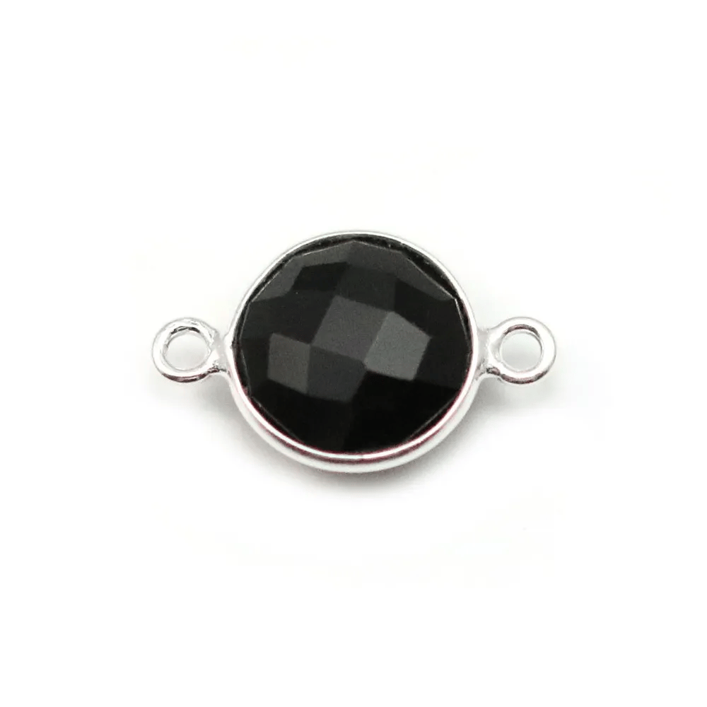 Agate noire ronde 2 anneaux serti en argent 925 x 1pc