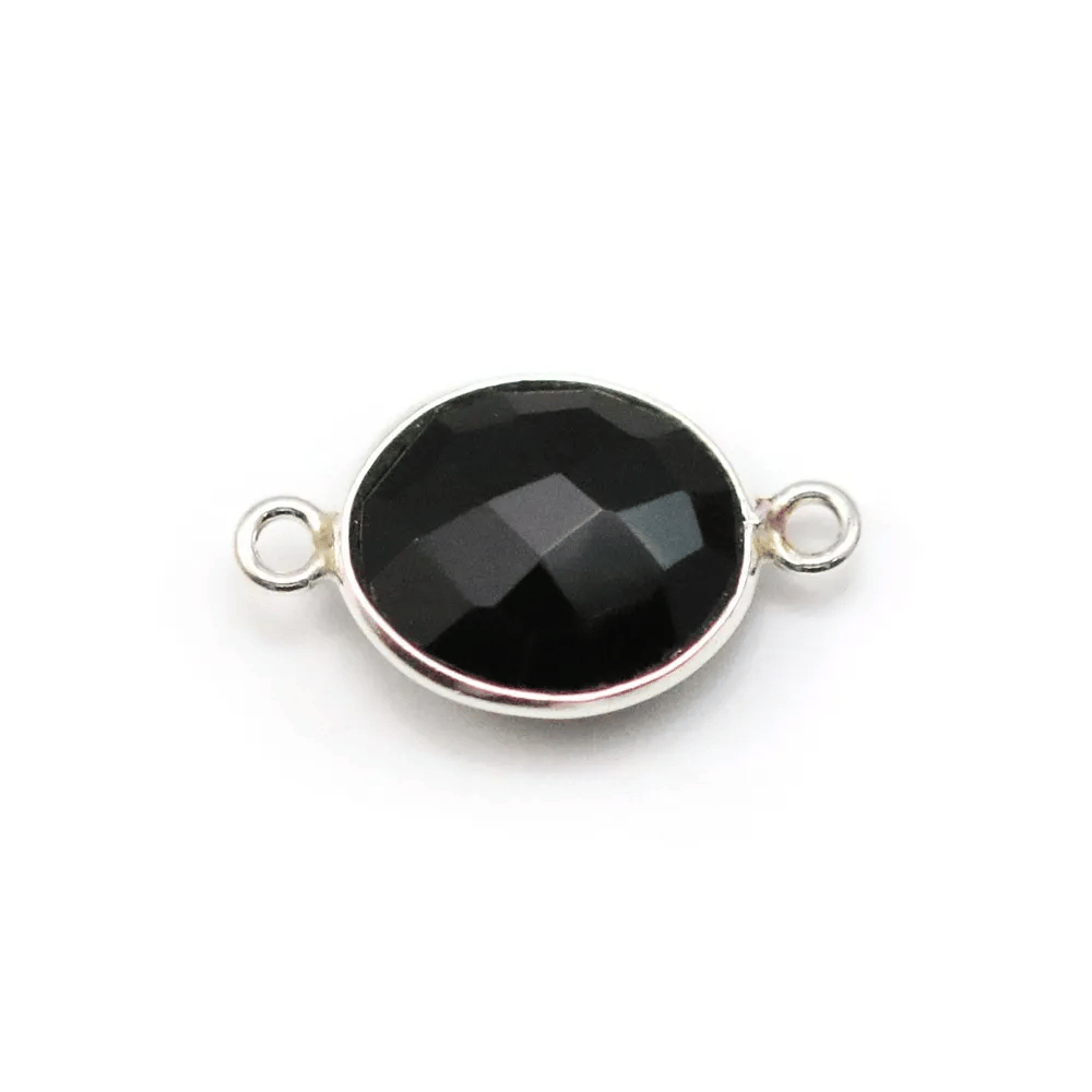 Black Agate in oval shape, 2 rings, set in silver, 11 * 13mm x 1pc