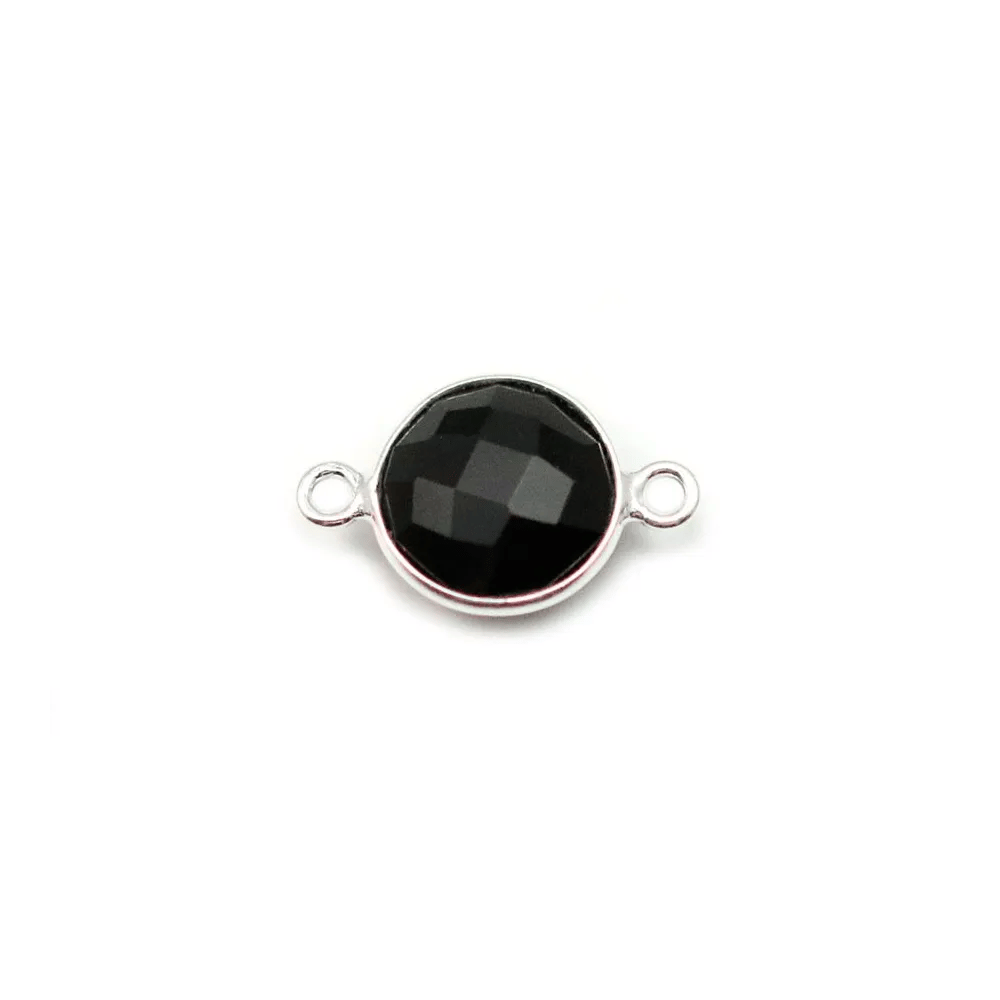 Agate noir de forme ronde, 2 anneaux sertie en argent 9mm x 1pc