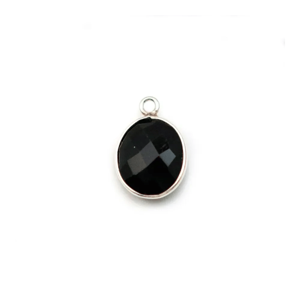 Agate noir de forme ovale, 1 anneau, sertie en argent , 9x11mm x 1pc