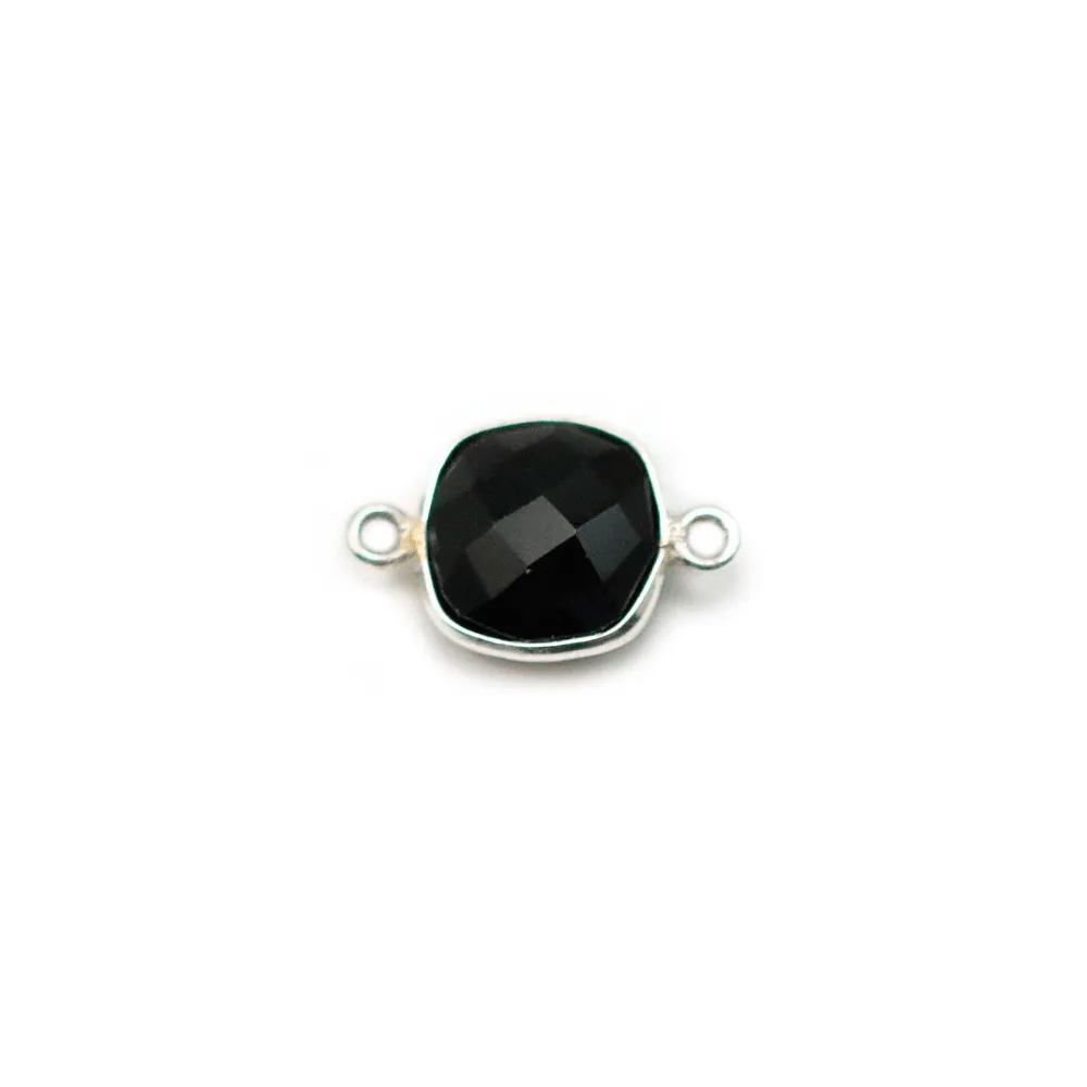 Agate noir de forme carré, 2 anneaux serti en argent, 9mm x 1pc