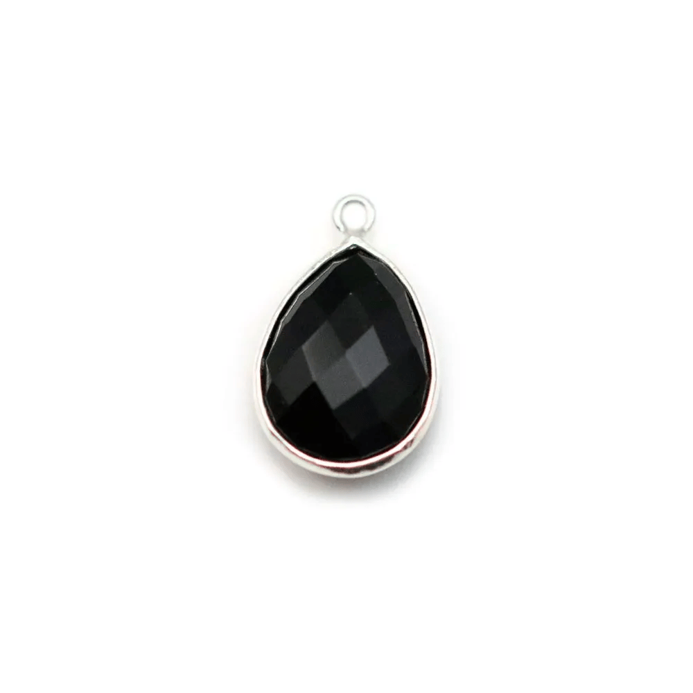 Agate noir en forme de goutte, 1 anneau, sertie en argent , 11x15mm x 1pc