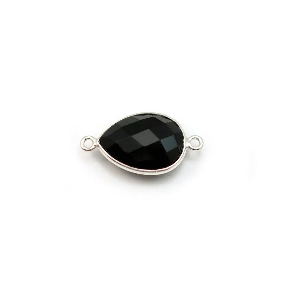 Agate noir en forme de goutte, 2 anneaux, sertie en argent , 11x15mm x 1pc