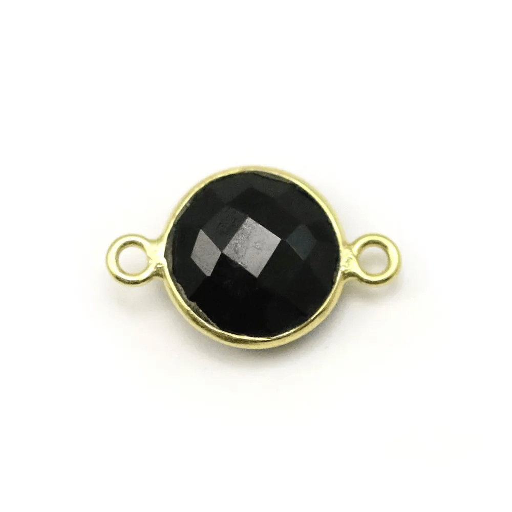Agate noir de forme ronde, 2 anneaux, sertie en argent doré, 11mm x 1pc