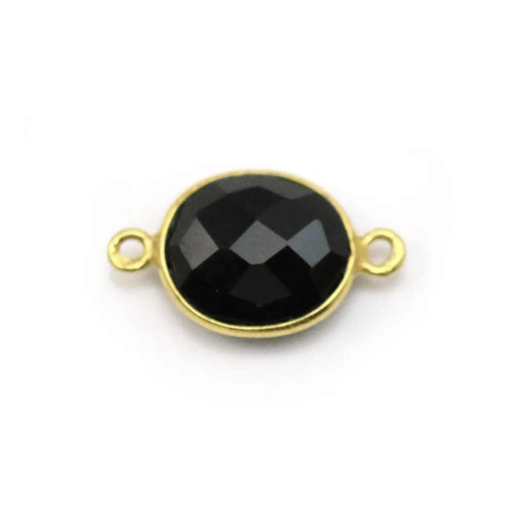 Agate noir de forme ovale, 2 anneaux, sertie en argent doré, 11x13mm x 1pc
