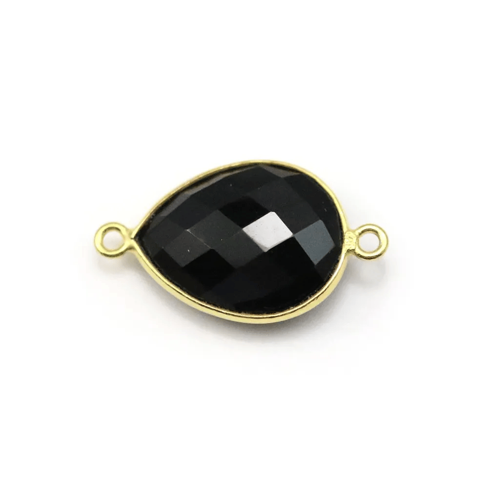 Agate noir en forme de goutte, 2 anneaux, sertie en argent doré, 13x17mm x 1pc