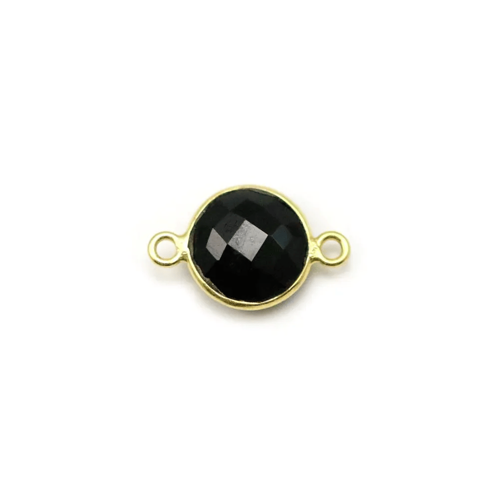 Agate noir de forme ronde, 2 anneaux, sertie en argent doré, 9mm x 1pc