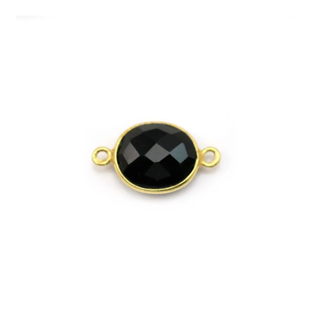 Agate noir de forme ovale, 2 anneaux, sertie en argent doré, 9x11mm x 1pc
