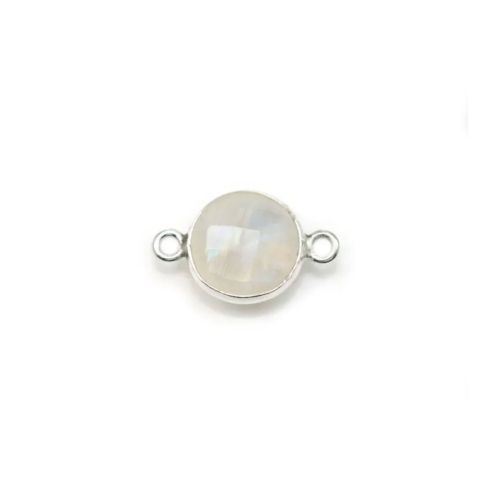 Pierre de lune ronde, 2 anneaux, sertie sur argent, 9mm x 1pc