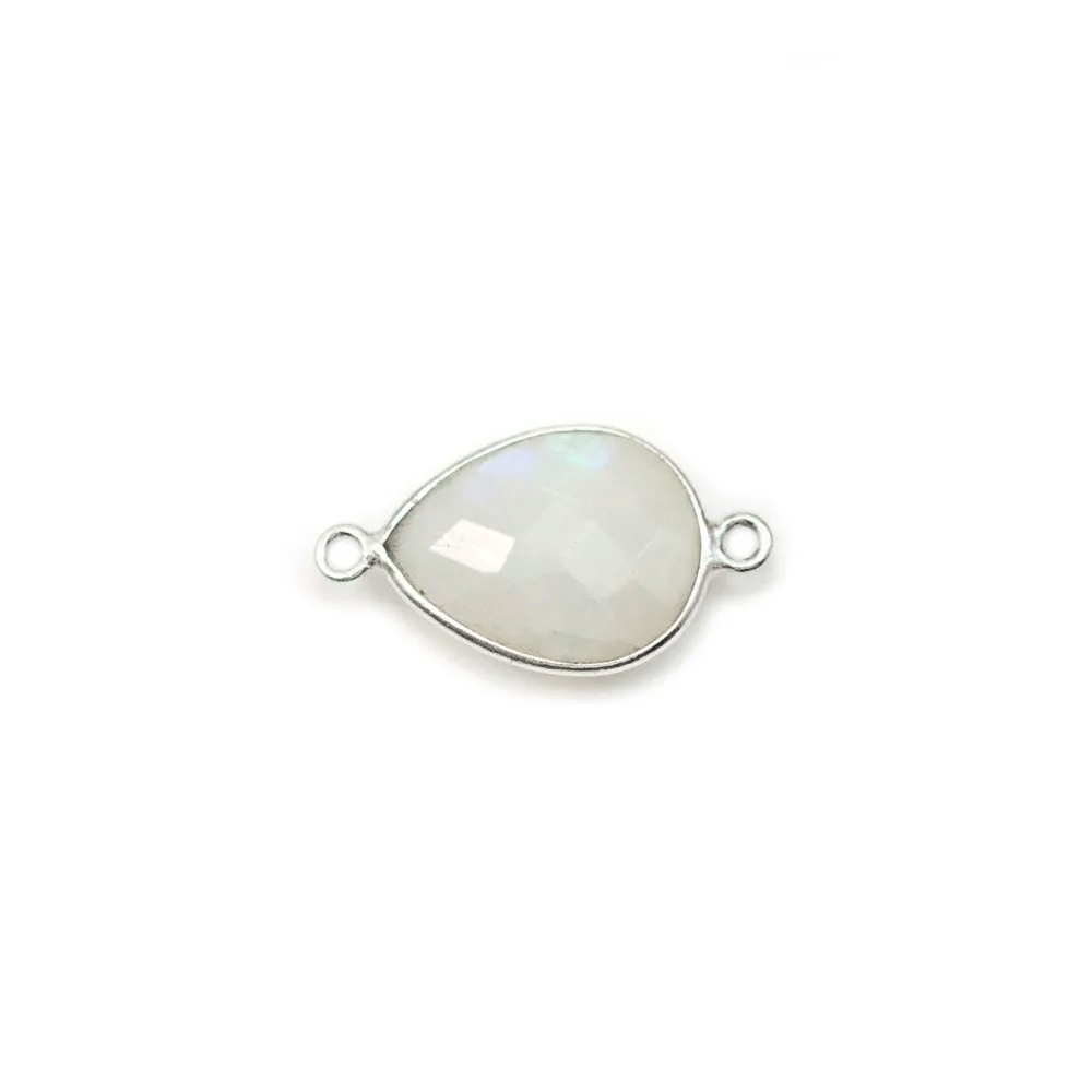 Pierre de lune en goutte, 2 anneaux, sertie sur argent, 11x15mm x 1pc