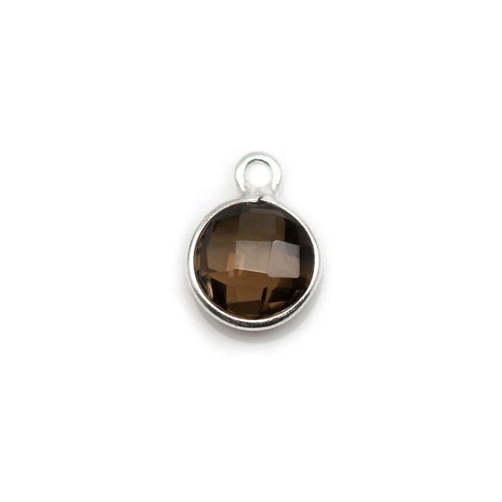 Quartz fumé rond facette sertie sur argent 9mm x 1pc
