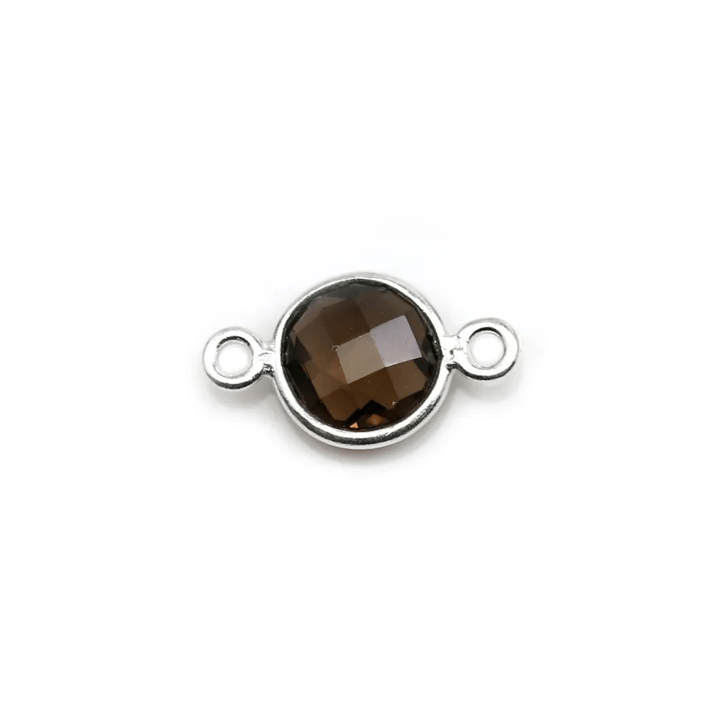 Quartz fumé rond facette sertie sur argent 2 anneaux 9mm x 1pc