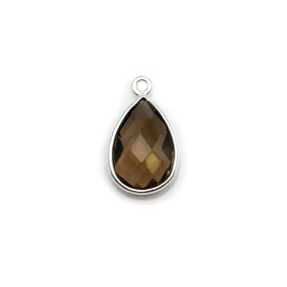 Quartz fumé goutte facette sertie sur argent doré 11x15mm x 1pc