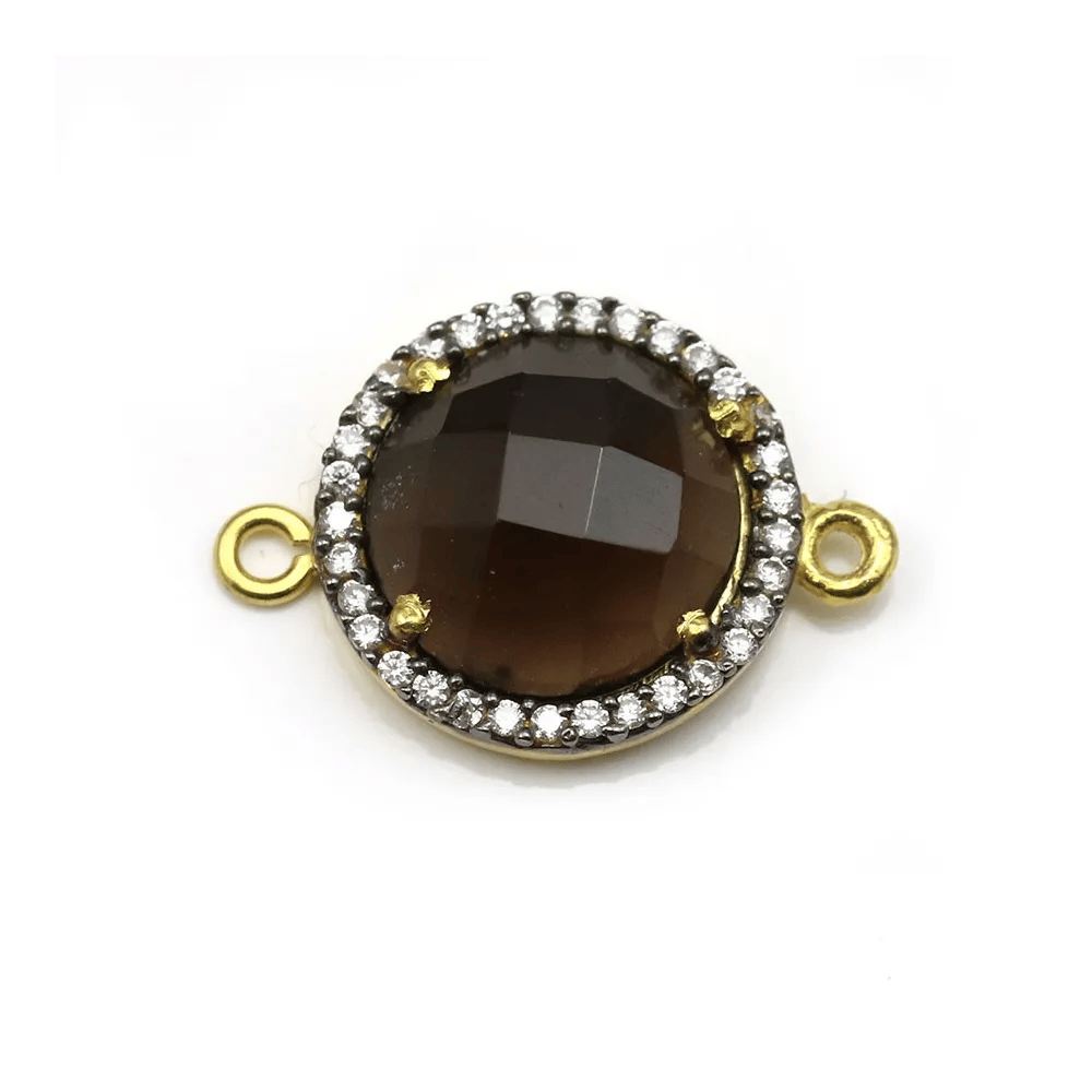 Faceted round smoky quartz set in gold-plated silver with zirconium  15mm x 1pc