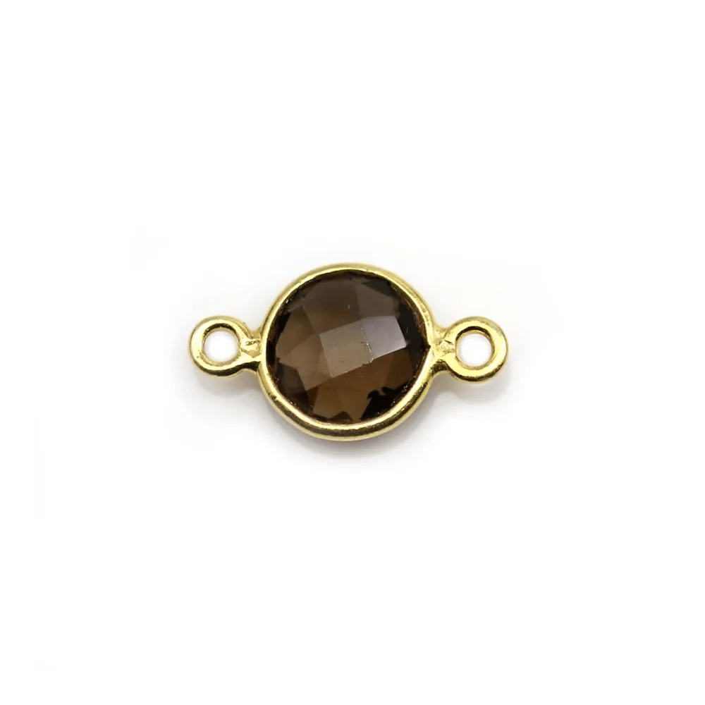 Quartz fumé rond facette sertie sur argent 925 doré à l'or fin 2 anneaux 9mm x 1pc