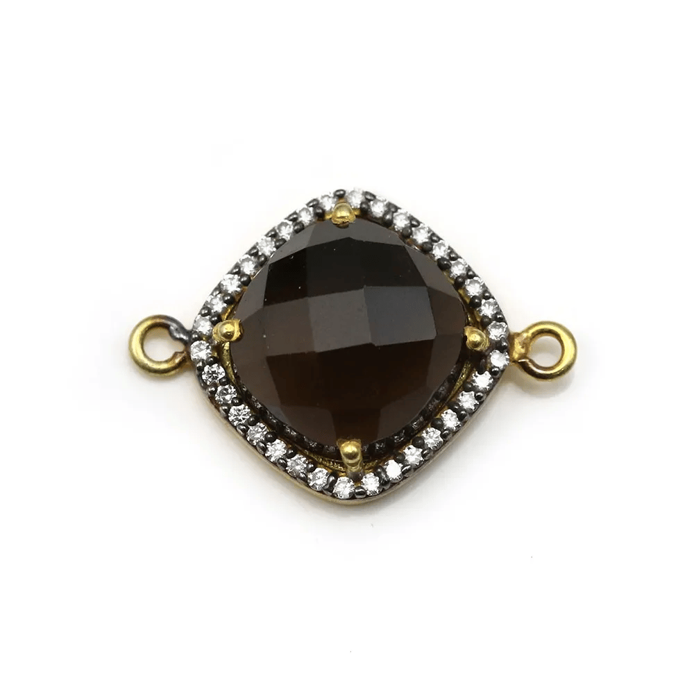Faceted rhombus smoky quartz set in gold-plated silver with zirconium 15mm x 1pcc