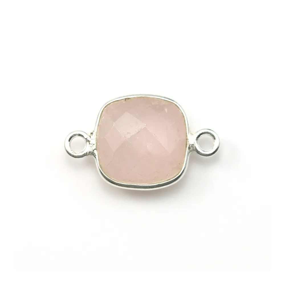 Quartz rose coussin facette sertie sur argent 925 2 anneaux 11mm x 1pc