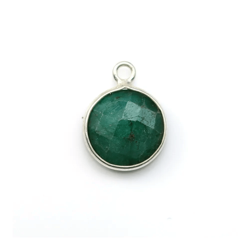 Faceted round treated emerald colored gemstone set in sterling silver 11mm x 1pc