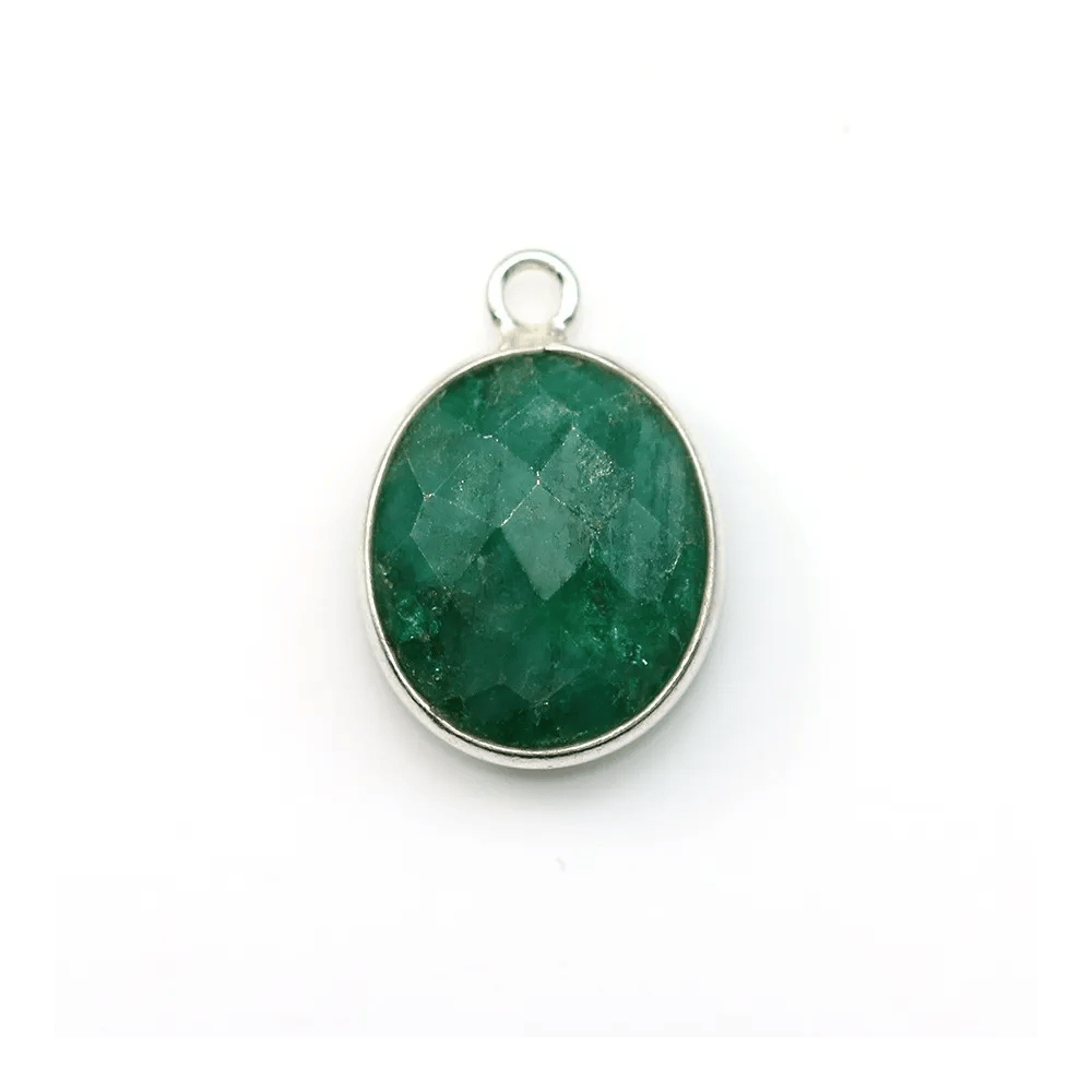 Faceted oval treated emerald colored gemstone set in sterling silver 11x13mm x 1pc