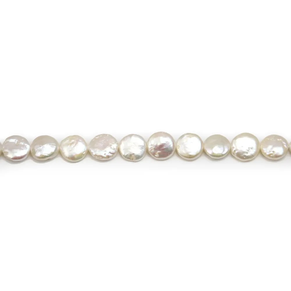 Perles de culture d'eau douce, blanche , ronde plate, 11mm x 40cm