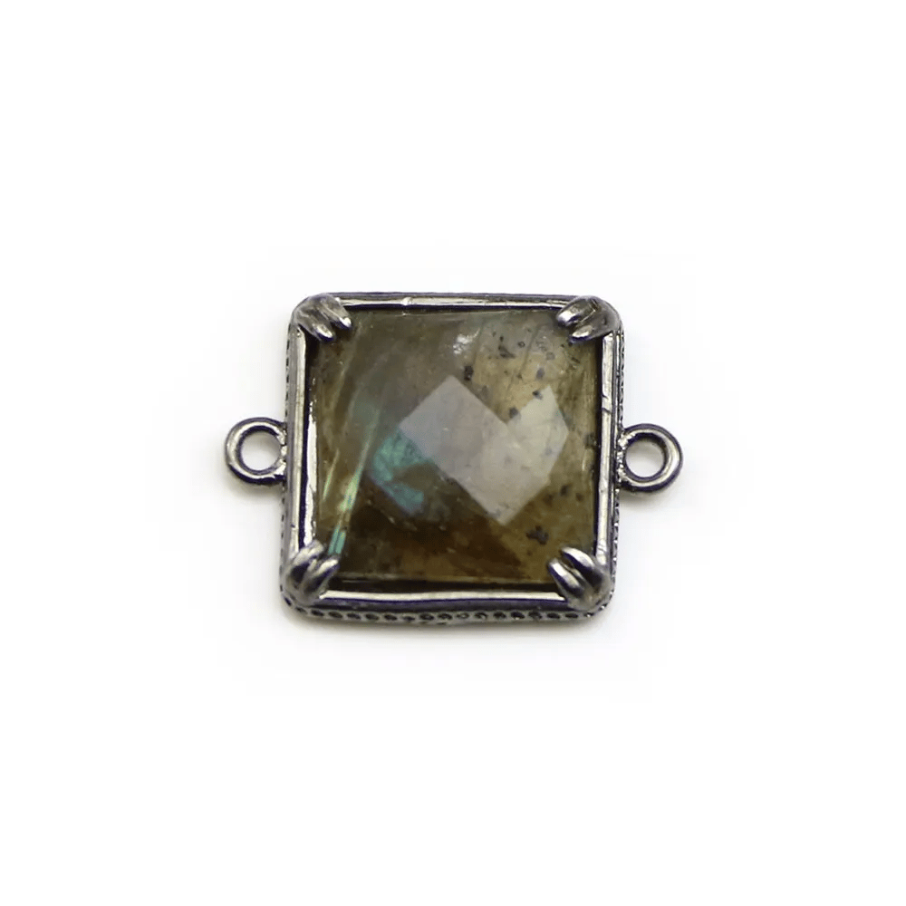 Intercalaire en labradorite sertie en métal, de forme carré, 14mm x 1pc