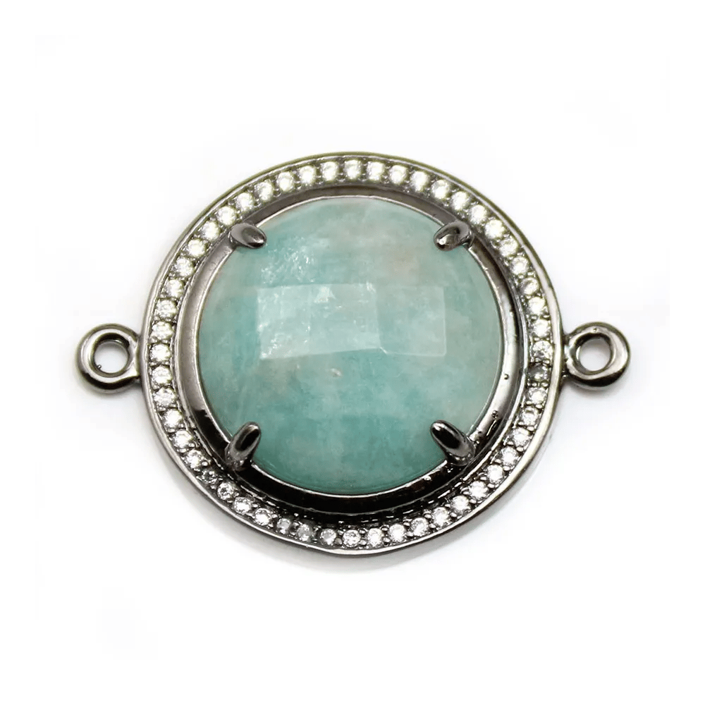 Intercalaire en amazonite sertie en métal & zirconium, de forme ronde x 1pc