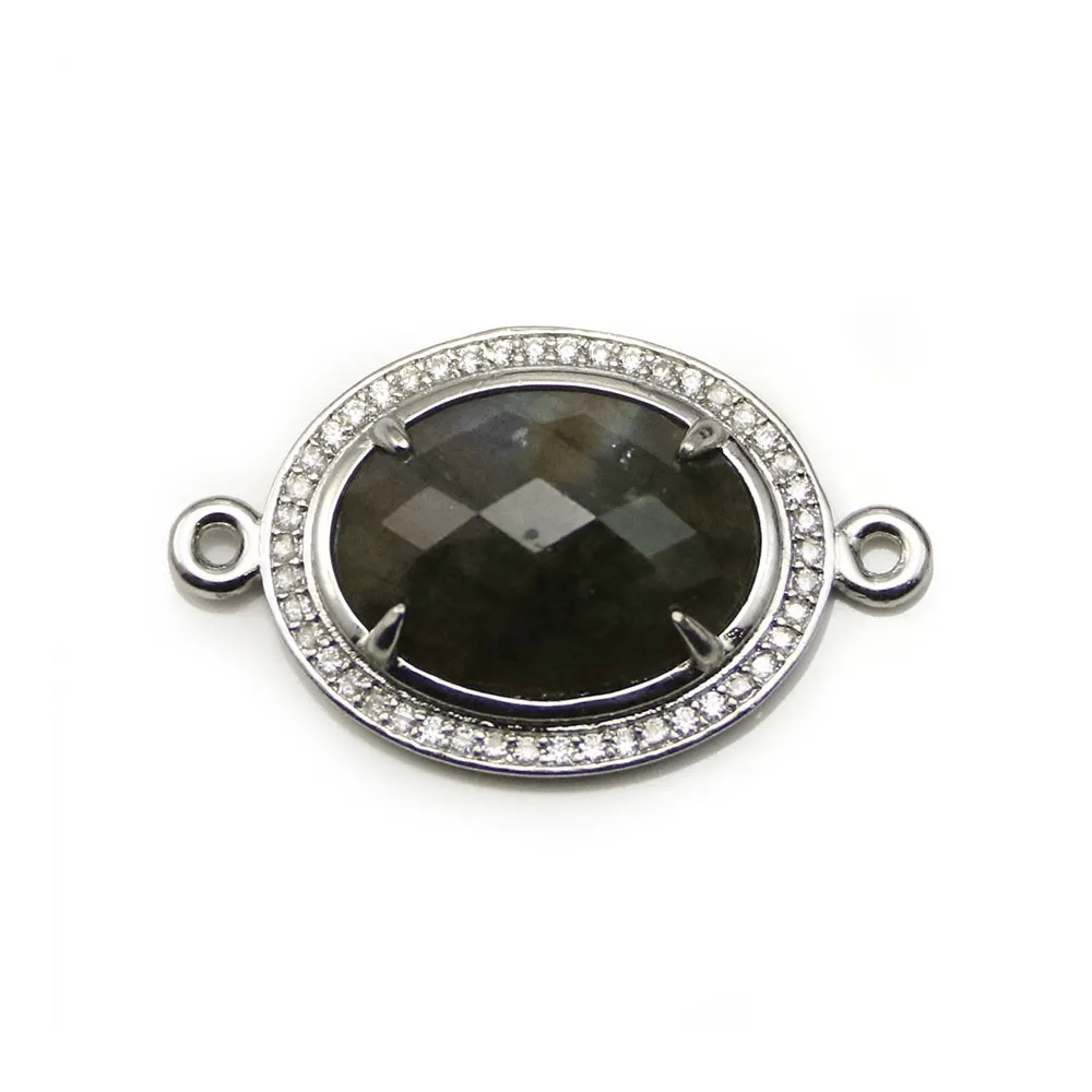 Intercalaire en labradorite sertie métal & zirconium, de forme ovale, 20x25mm x 1pc