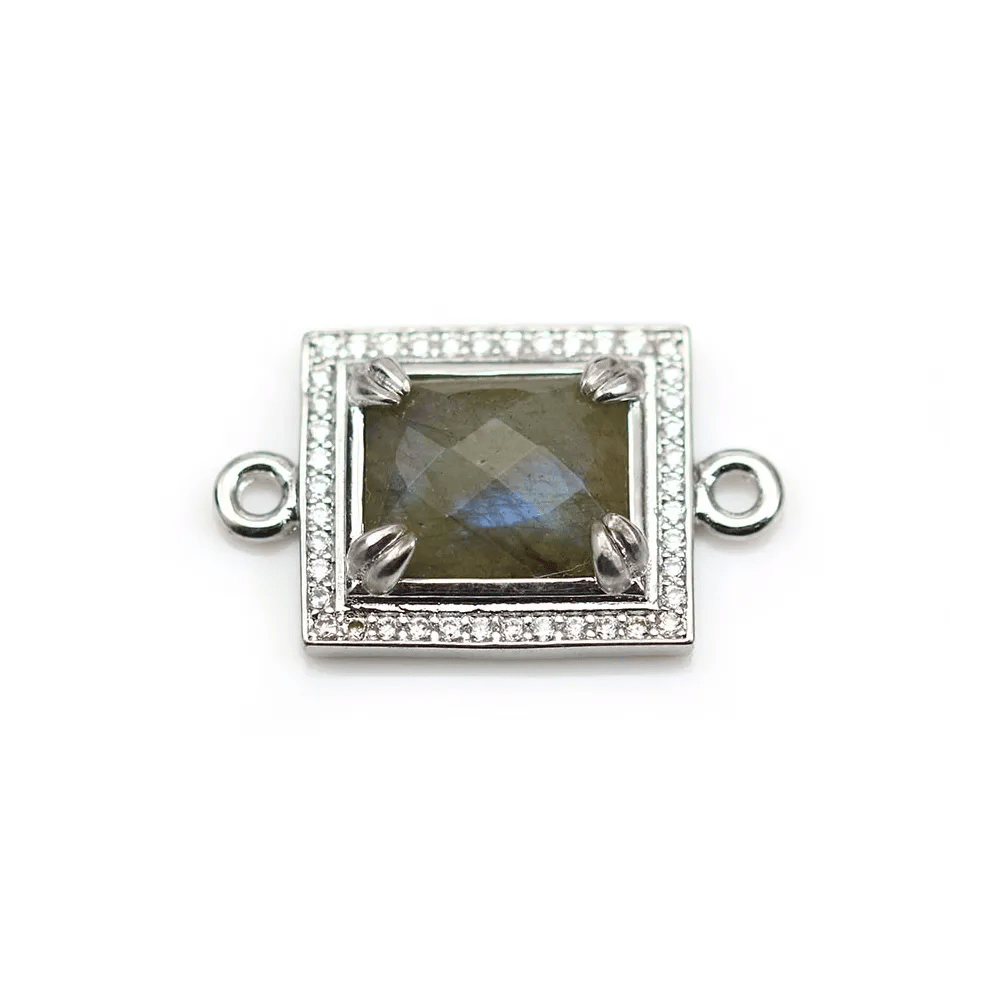Intercalaire en labradorite sertie en métal & zirconium, rectangulaire, 16x18mm x 1pc