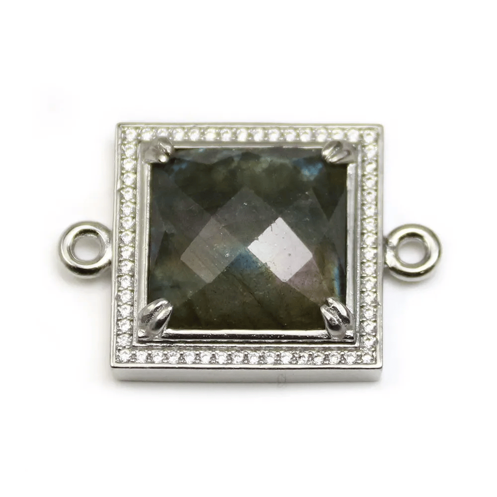 Intercalaire en labradorite sertie en métal & zirconium, de forme carré, 25mm x 1pc