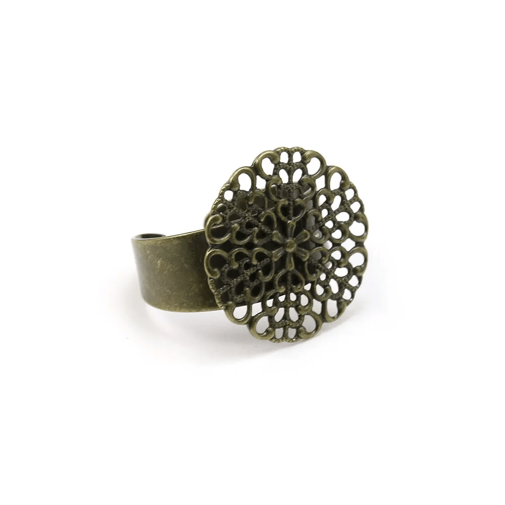 Bague réglable, support estampe fleur, couleur bronze, 19mm x 1pc