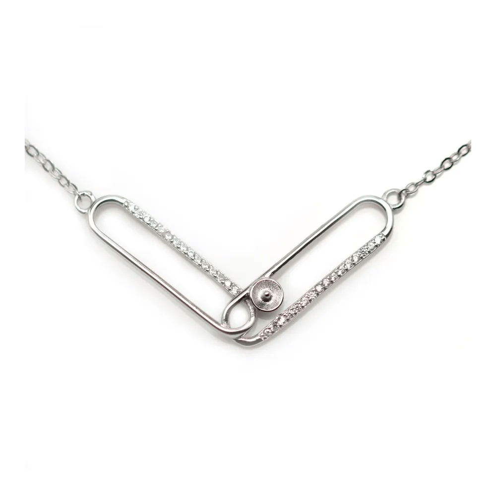 Chaîne en argent 925 rhodié  maille ovale & zirconium pour perle semi percé x 45cm
