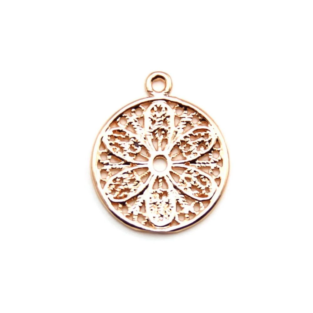 Pendentif rond fleur par "flash" or sur laiton14x16mm x 4pcs
