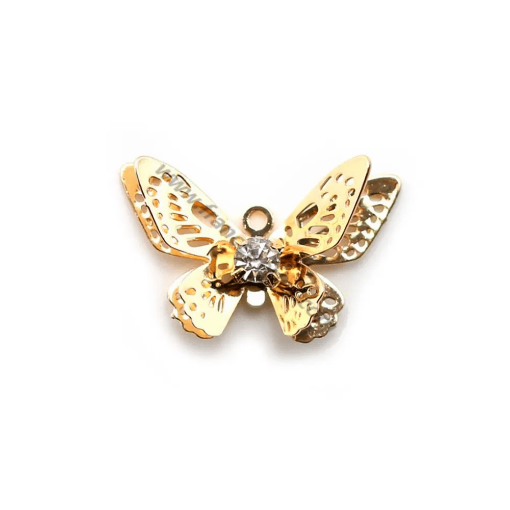 Breloque papillon avec zirconium plaqué par "flash" or sur laiton 12x20mm x 4pcs