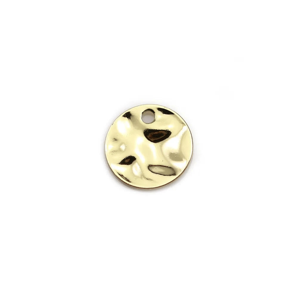 Round flat hammered charm plated flash gold on brass, 10mm x 12pcs