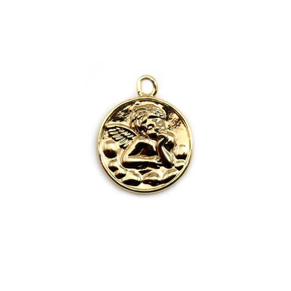 Pendentif médaille avec un ange, plaqué par "flash" or sur laiton 17mm x 2pcs