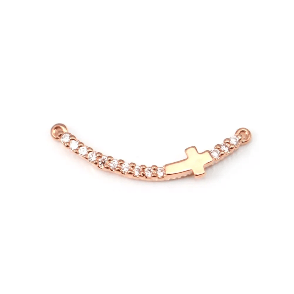 Intercalaire croix avec oxydes de zirconium, plaqué par "flash" or rose sur laiton 4x22mm x 1pc