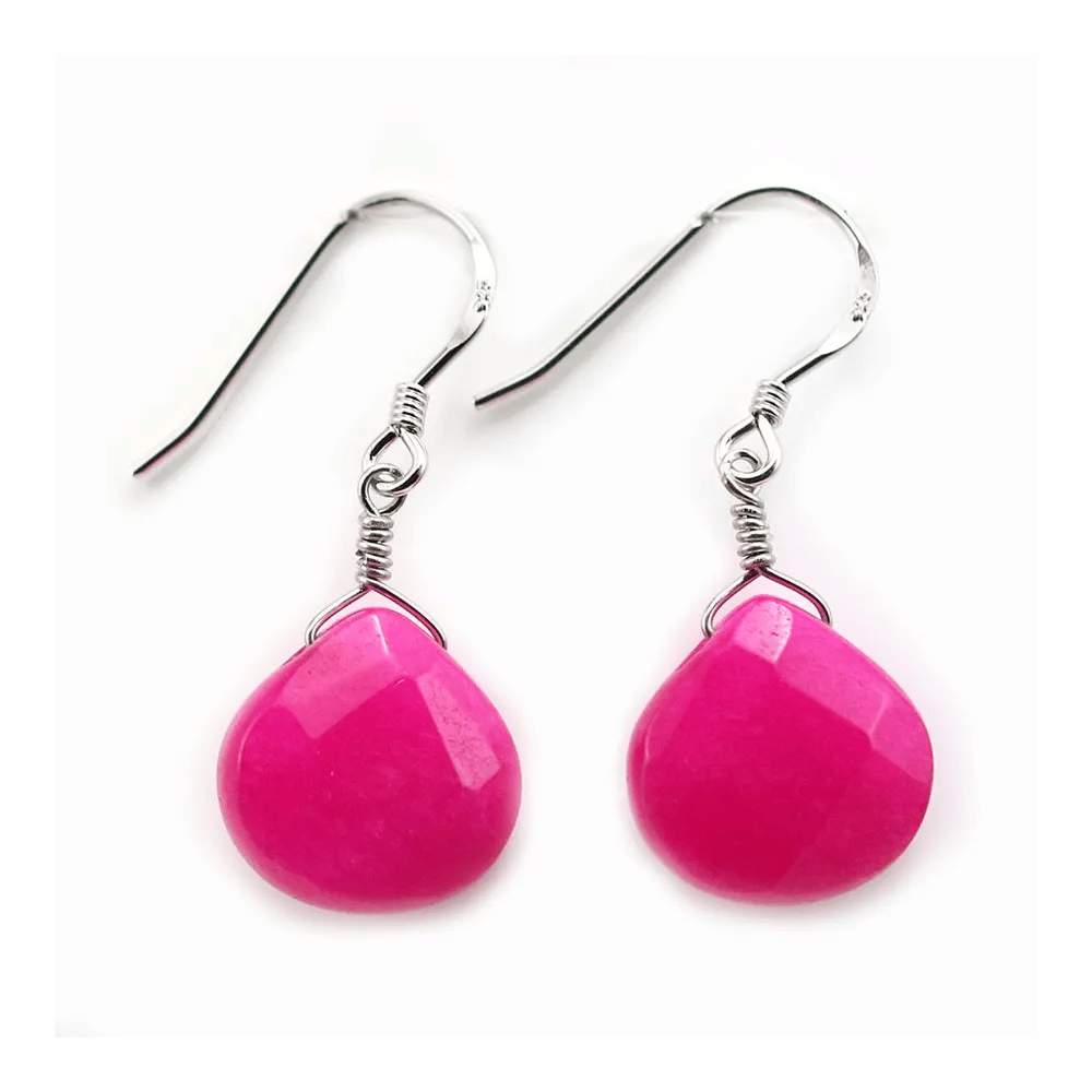 Earrings : jade tinted fuchsia flat teardrop & silver 925 rhodium 13.5x18.5mm x 2pcs